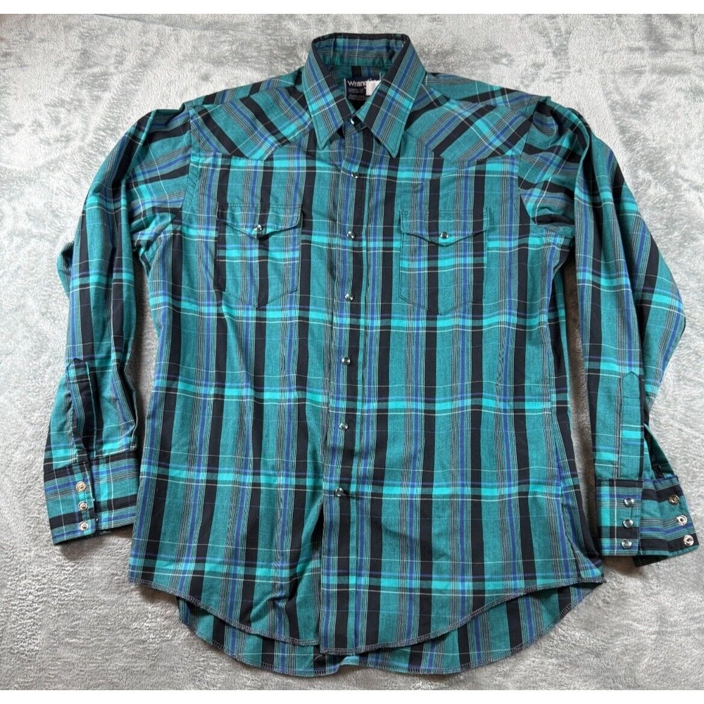 Vintage Wrangler Shirt 16.5x35 Blue X-Long Tails Striped Made in USA